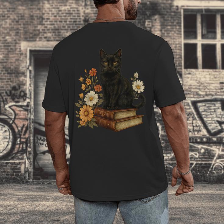 Cute Cat Book Flowers Men's Back Print T-Shirt
