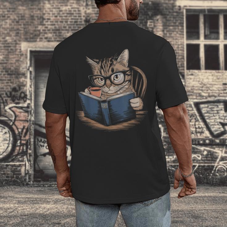 Cute Cat Reading Books With Tea Men's Back Print T-Shirt