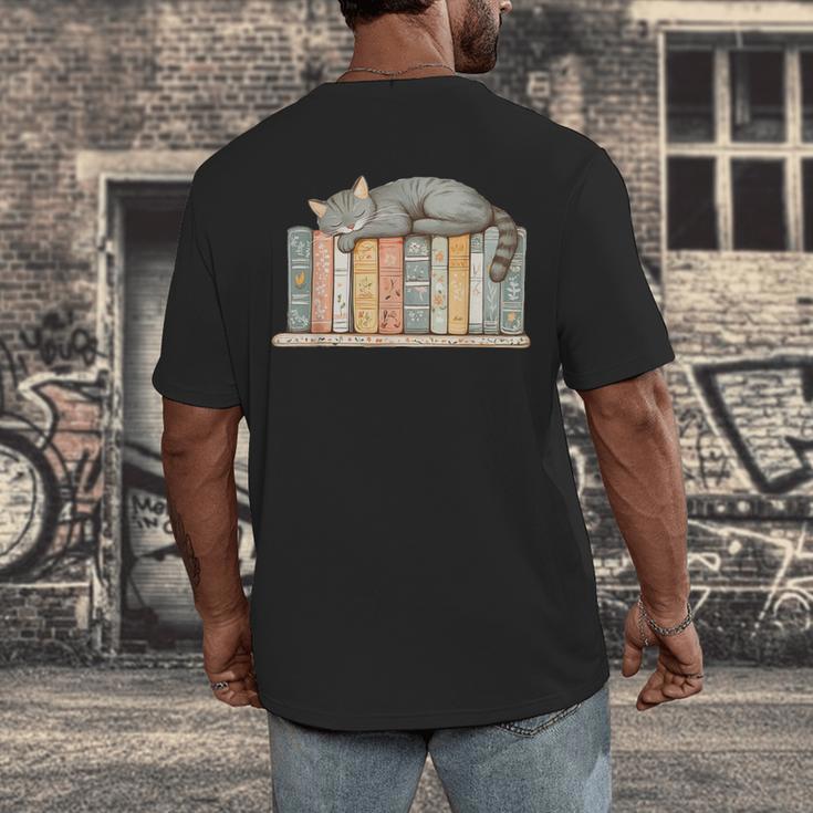 Cute Cat Sleeping On Books Men's Back Print T-Shirt Cute Cat Sleeping On Books Men's Back Print T-Shirt