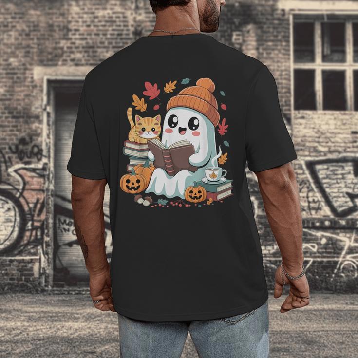 Cute Cozy Ghost Reading With Cat Book Lover Autumn Fall Men's Back Print T-Shirt