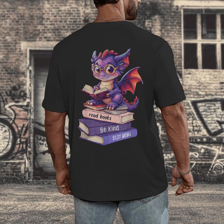 Cute Dragon Read Books Be Kind Stay Weird Book Lover Men's Back Print T-Shirt