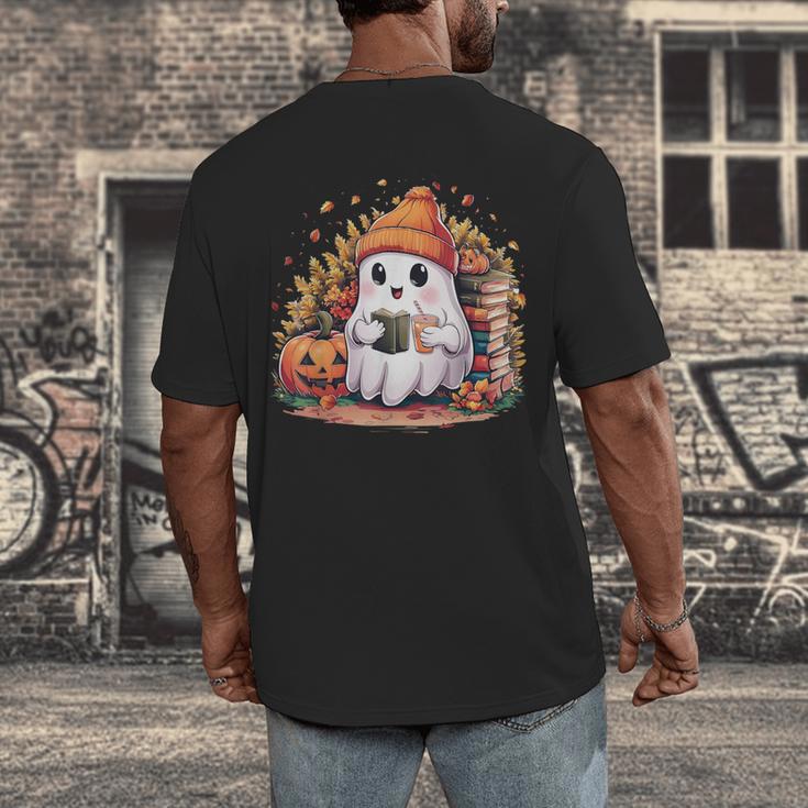 Cute Ghost Drinking Coffee Halloween Reading Book Retro Men's Back Print T-Shirt
