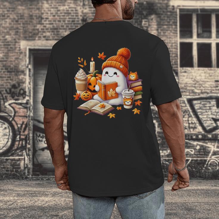 Cute Ghost Reading Book Lovers Halloween Pumpkin Women Girls Men's Back Print T-Shirt