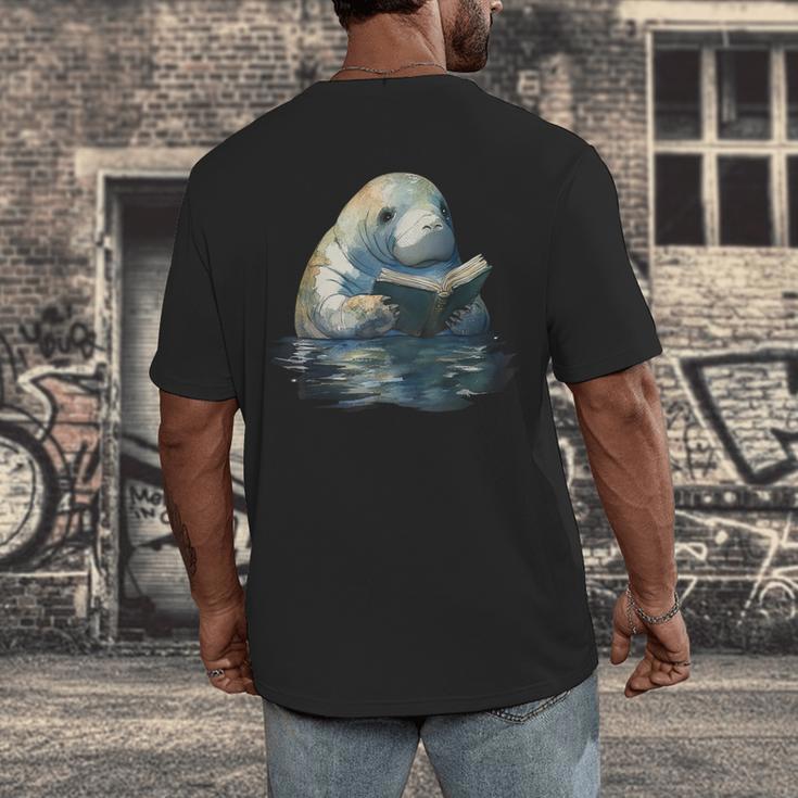 Cute Manatee Reading Book Bookworm Readers Manatee Lover Men's Back Print T-Shirt
