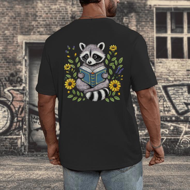 Cute Raccoon Reading Book Flowers Men's Back Print T-Shirt Cute Raccoon Reading Book Flowers Men's Back Print T-Shirt