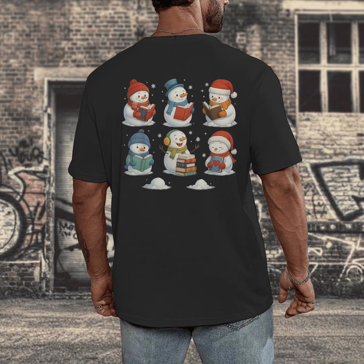 Cute Snowman Reading Books Christmas Winter Book Lover Men's Back Print T-Shirt