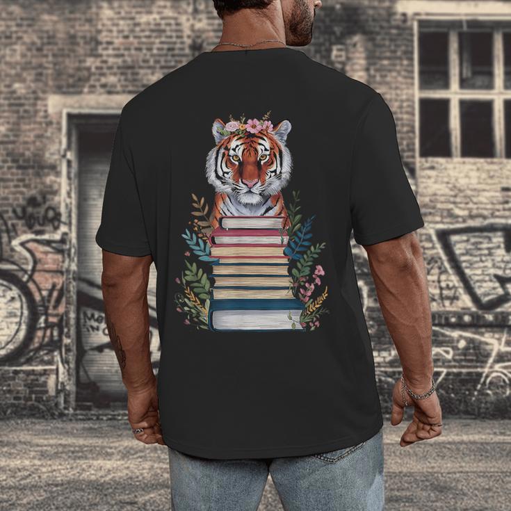 Cute Tiger With Book Floral Bookworm Librarian Book Lover Men's Back Print T-Shirt Cute Tiger With Book Floral Bookworm Librarian Book Lover Men's Back Print T-Shirt