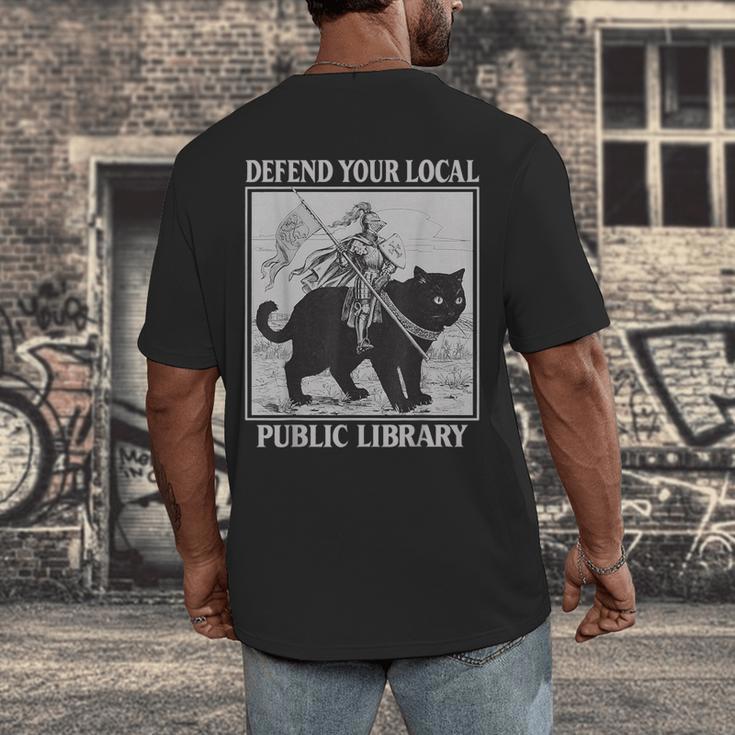 Defend Your Local Library Knight Cat Rider Book Lover Men's Back Print T-Shirt