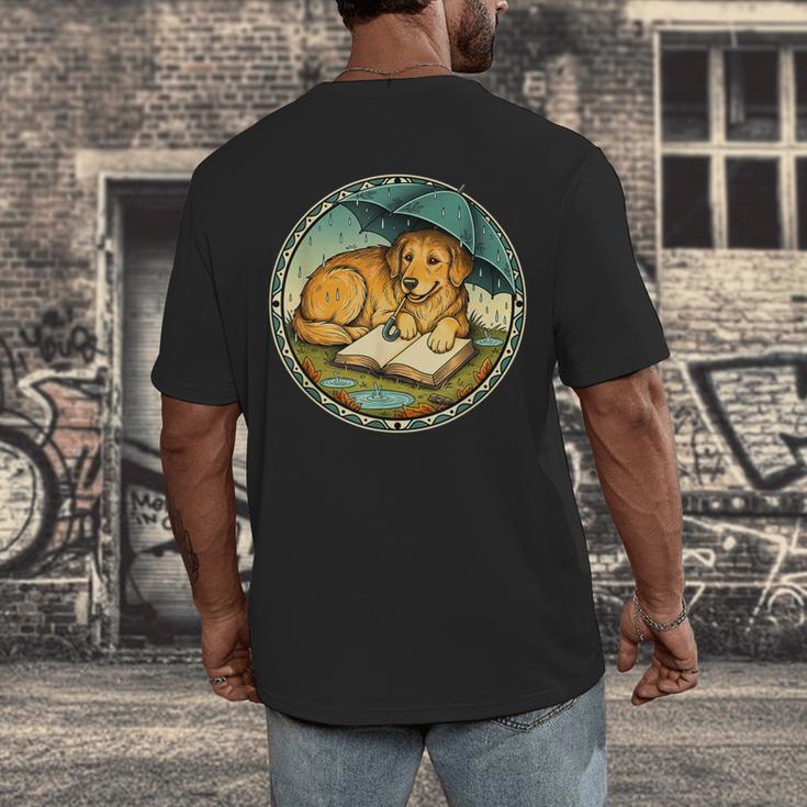 Dog Reading Book Rain Cozy Umbrella Cute Art Men Men's Back Print T-Shirt
