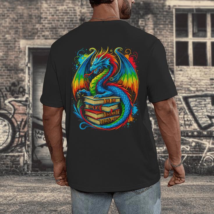 Dragon Reading Colorful Fantasy Book Lover Men's Back Print T-Shirt