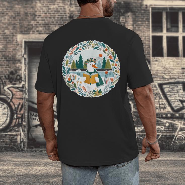 Duck Wilderness Book Reading Illustration Floral Men's Back Print T-Shirt