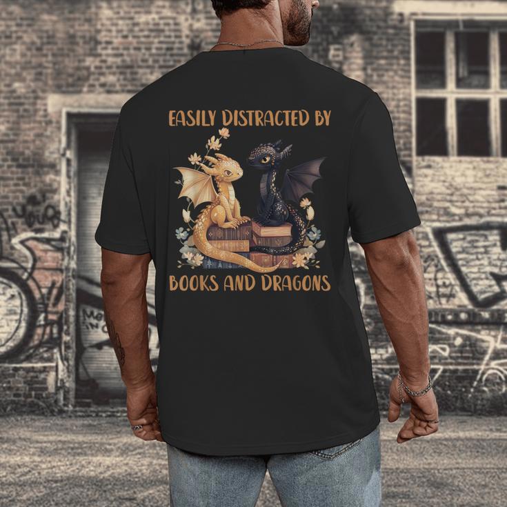 Easily Distracted By Books & Dragons Librarian Book Lover Men's Back Print T-Shirt
