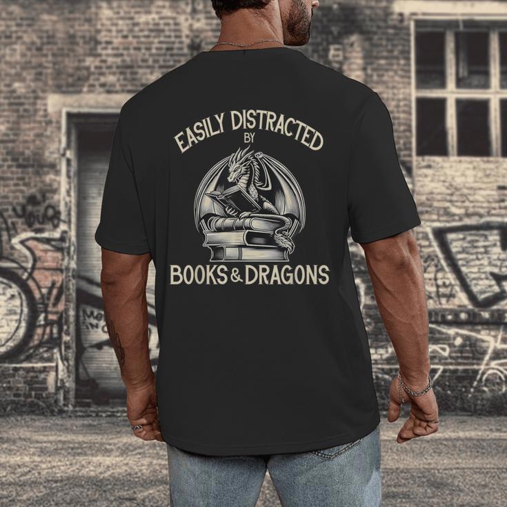 Easily Distracted By Books And Dragons Book Dragon Lover Men's Back Print T-Shirt