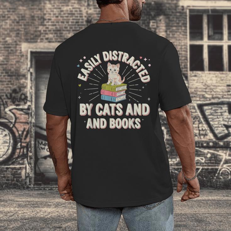 Easily Distracted By Cats & Books Tee Reader Book Worm Men's Back Print T-Shirt