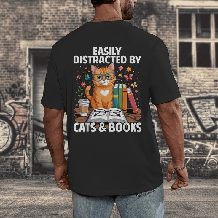 Easily Distracted By Cats And Books Book Lover Cat Men's Back Print T-Shirt Easily Distracted By Cats And Books Book Lover Cat Men's Back Print T-Shirt