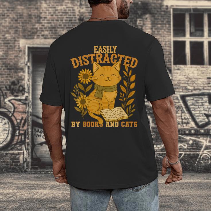 Easily Distracted By Cats And Books Cute Cat Book Lover Men's Back Print T-Shirt