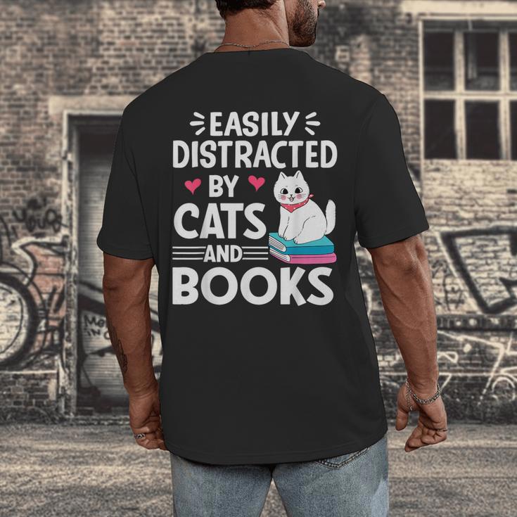 Easily Distracted By Cats And Books Cute Cat And Book Lovers Men's Back Print T-Shirt