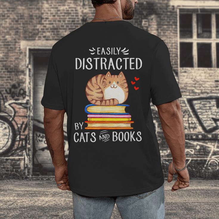 Easily Distracted By Cats And Books Reading Lover Bookish Men's Back Print T-Shirt