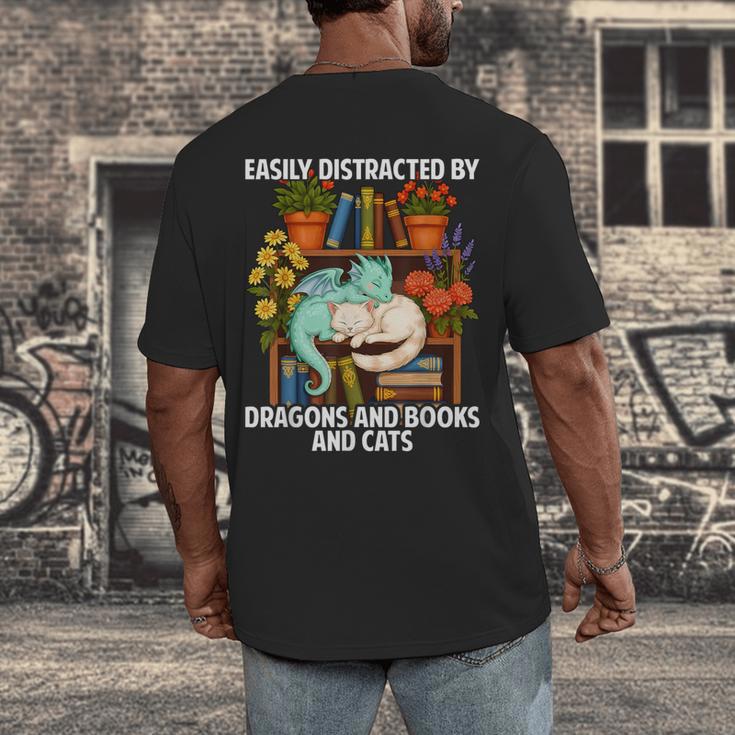 Easily Distracted By Dragons Books Cats Fantasy Book Lover Men's Back Print T-Shirt Easily Distracted By Dragons Books Cats Fantasy Book Lover Men's Back Print T-Shirt