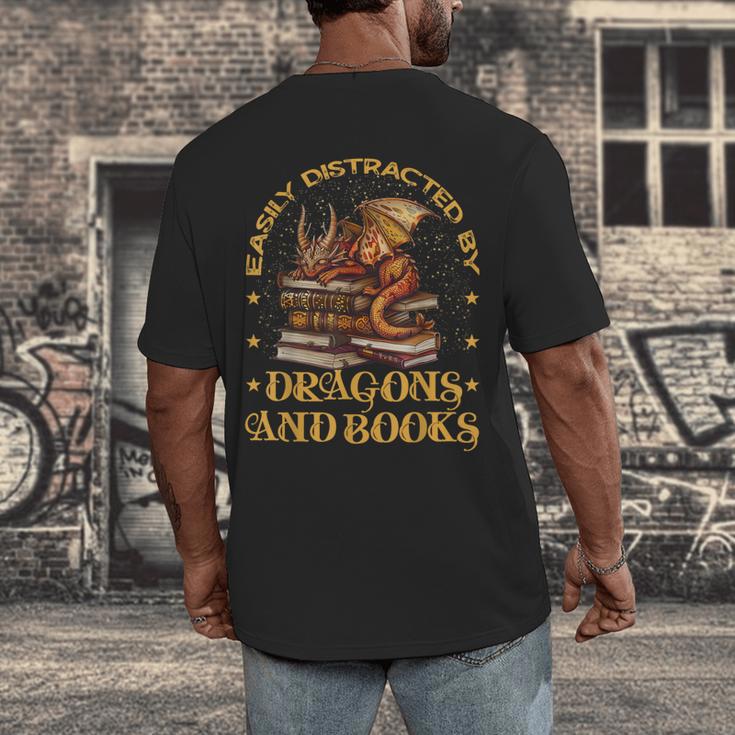 Easily Distracted By Dragons And Books Fantasy Book Lover Men's Back Print T-Shirt