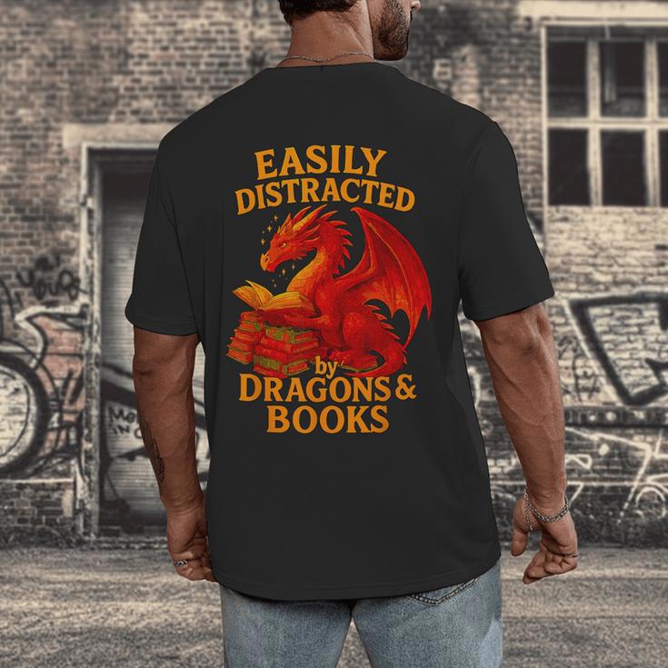 Easily Distracted By Dragons And Books Reading Men's Back Print T-Shirt Easily Distracted By Dragons And Books Reading Men's Back Print T-Shirt