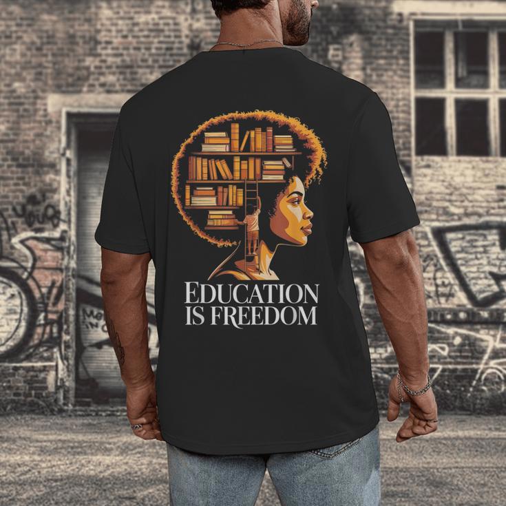 Education Is Freedom Afro Woman Book Illustration Men's Back Print T-Shirt Education Is Freedom Afro Woman Book Illustration Men's Back Print T-Shirt