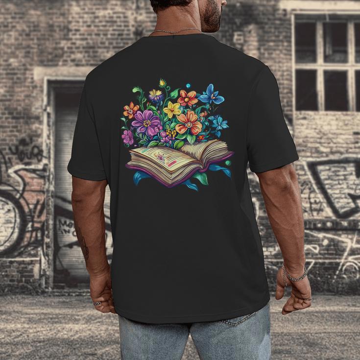 Enchanted Open Book With Blooming Flowers Men's Back Print T-Shirt