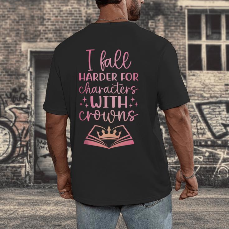 I Fall For The Characters WCrowns Fantasy Book Lover Tee Men's Back Print T-Shirt I Fall For The Characters WCrowns Fantasy Book Lover Tee Men's Back Print T-Shirt