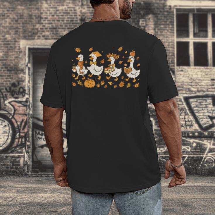 Fall Goose Reading Book Teacher Autumn Pumpkin Cozy Season Men's Back Print T-Shirt Fall Goose Reading Book Teacher Autumn Pumpkin Cozy Season Men's Back Print T-Shirt