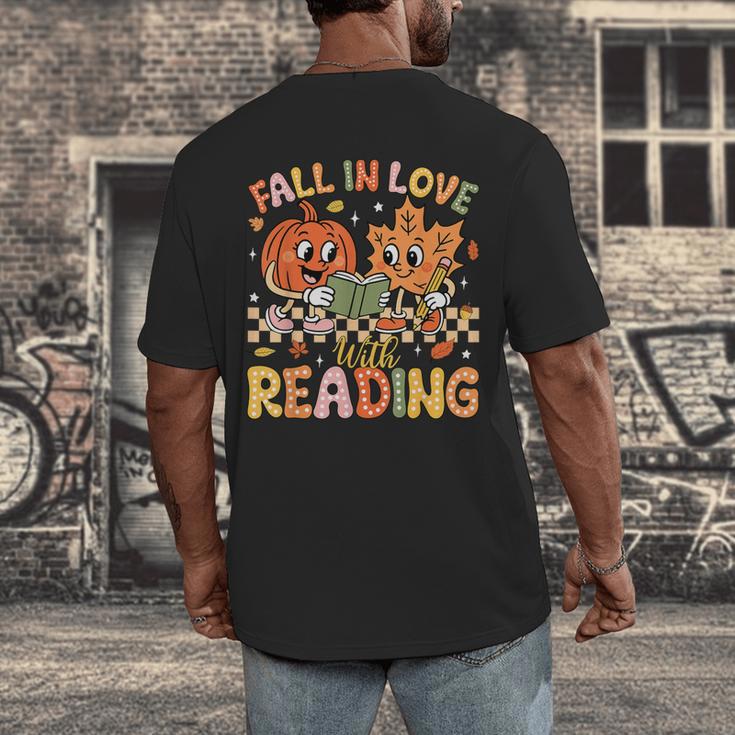 Fall In Love With Reading Autumn Pumpkin Teacher Book Lover Men's Back Print T-Shirt Fall In Love With Reading Autumn Pumpkin Teacher Book Lover Men's Back Print T-Shirt