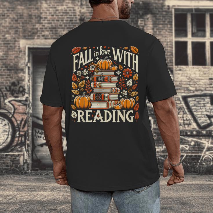 Fall In Love With Reading Book Autumn Pumpkins And Teachers Men's Back Print T-Shirt Fall In Love With Reading Book Autumn Pumpkins And Teachers Men's Back Print T-Shirt