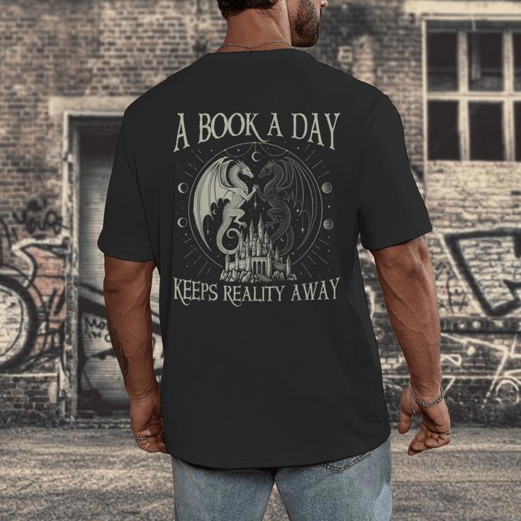 Fantasy Book Club Dragon Reader Book A Day Keep Reality Away Men's Back Print T-Shirt