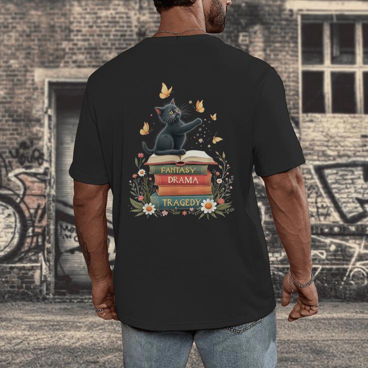 Fantasy Drama Tragedy Reading Lover Book Cat Humor Men's Back Print T-Shirt