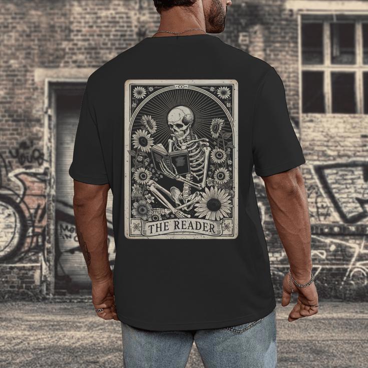 Floral The Reader Tarot Card Skeleton Reading Book Men's Back Print T-Shirt Floral The Reader Tarot Card Skeleton Reading Book Men's Back Print T-Shirt