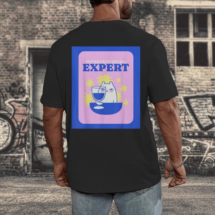 Fun Cute Introvert Cat Character With Wine Men's Back Print T-Shirt