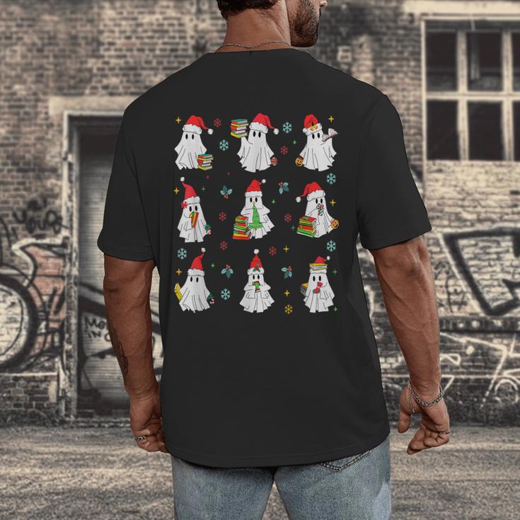 Ghosts Wearing Santa Hats Reading Books Christmas Book Lover Men's Back Print T-Shirt Ghosts Wearing Santa Hats Reading Books Christmas Book Lover Men's Back Print T-Shirt