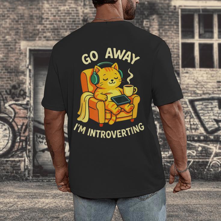 Go Away I'm Introverting Cat Coffee Headphones Men's Back Print T-Shirt Go Away I'm Introverting Cat Coffee Headphones Men's Back Print T-Shirt