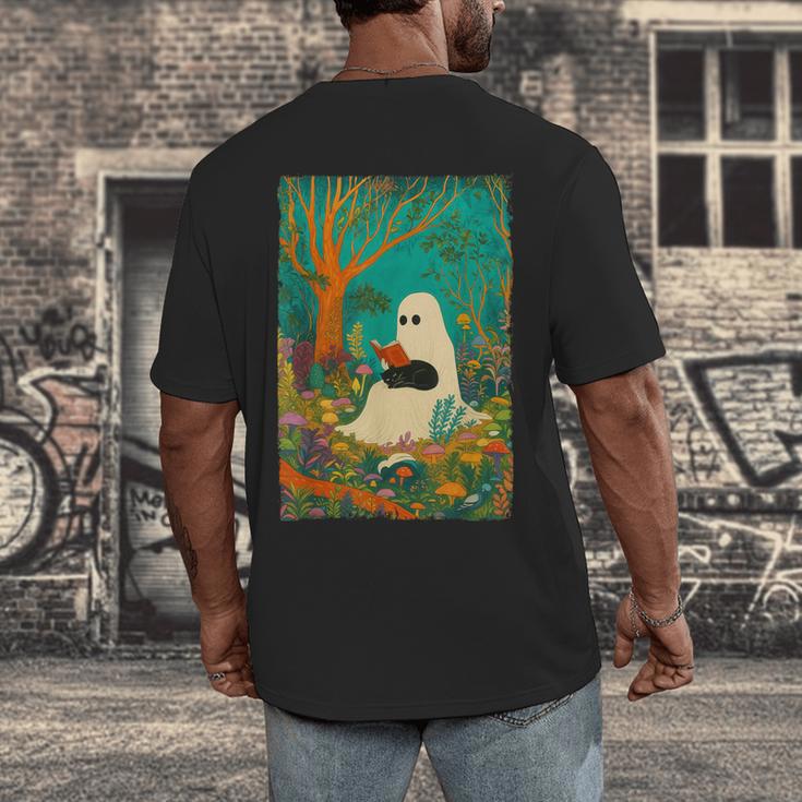 Groovy Ghost Reading Book Cat Halloween Ghost Teacher Men's Back Print T-Shirt Groovy Ghost Reading Book Cat Halloween Ghost Teacher Men's Back Print T-Shirt