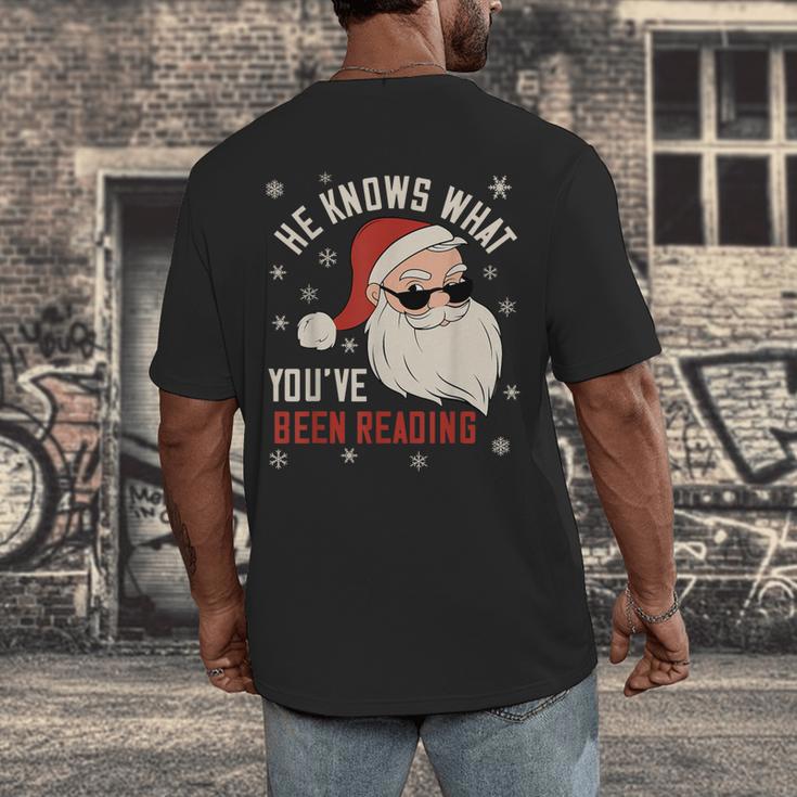 He Knows What You'Ve Been Reading Book Lover Women Santa Men's Back Print T-Shirt He Knows What You'Ve Been Reading Book Lover Women Santa Men's Back Print T-Shirt