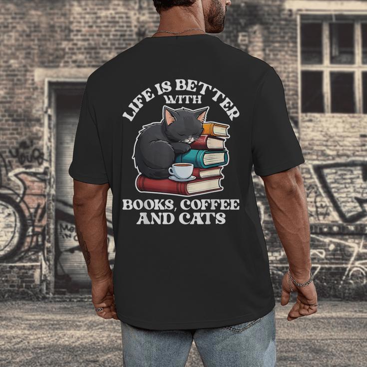 Life Is Better With Books Cats & Coffee Librarian Book Lover Men's Back Print T-Shirt