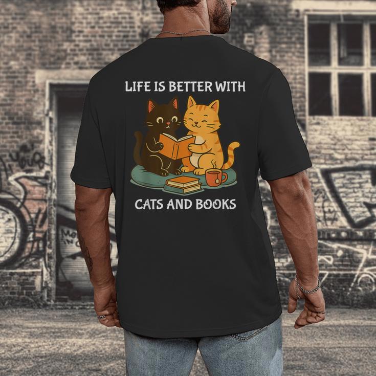Life Is Better With Cats And Books Cute Cat Lover Men's Back Print T-Shirt