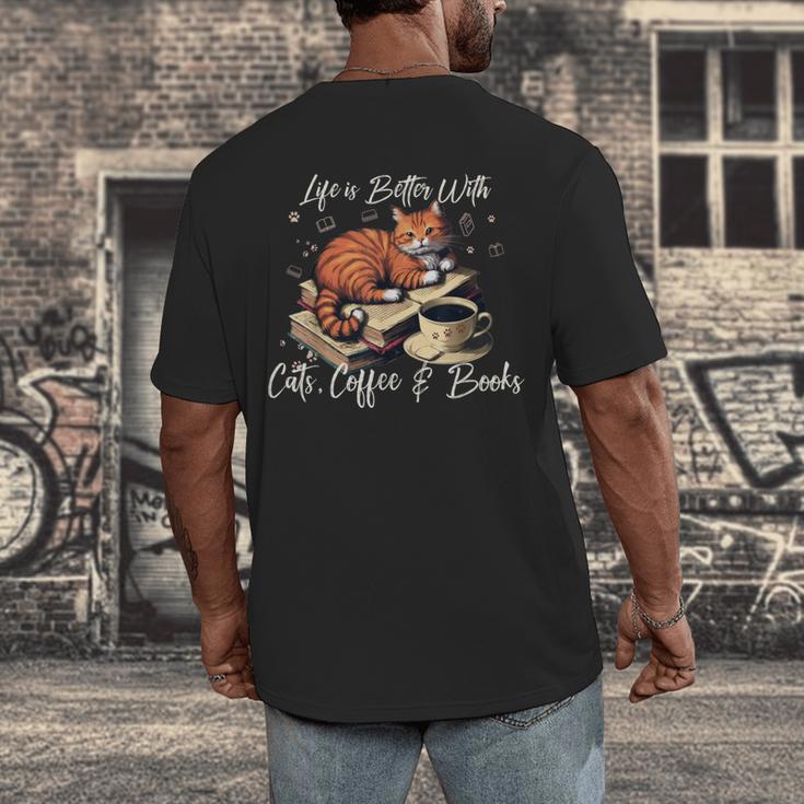 Life Is Better With Cats Coffee And Books Men's Back Print T-Shirt