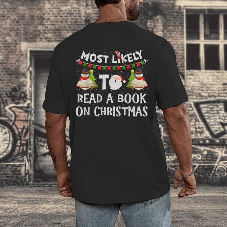 Most Likely To Read A Book On Christmas Snowman Family Men's Back Print T-Shirt Most Likely To Read A Book On Christmas Snowman Family Men's Back Print T-Shirt