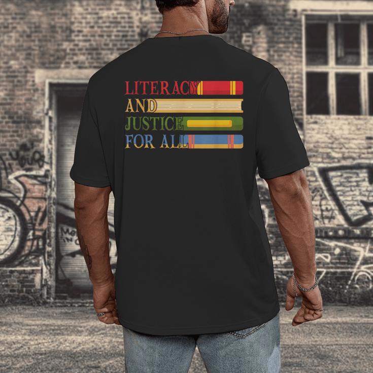 Literacy And Justice For All Reading Book Club Librarian Men's Back Print T-Shirt