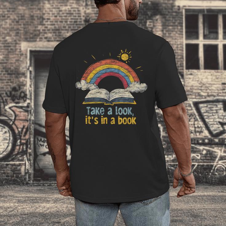 Take a Look It's In a Book Vintage Reading Teacher Rainbow Men's Back Print T-Shirt
