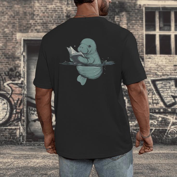 Manatee Reading Book Bookworm Manatees Ocean Animal Lover Men's Back Print T-Shirt Manatee Reading Book Bookworm Manatees Ocean Animal Lover Men's Back Print T-Shirt