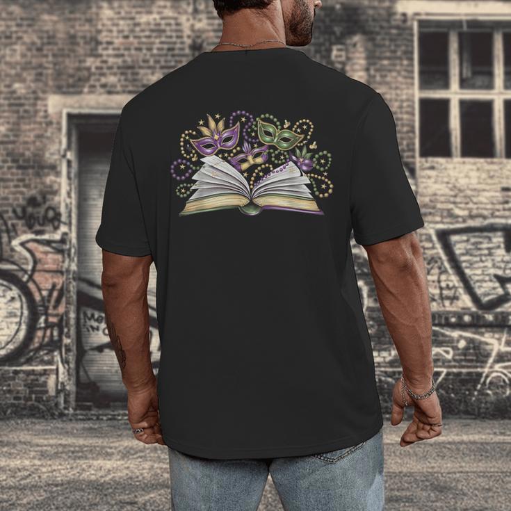 Mardi Gras Book Librarian Author Purple Beads Men's Back Print T-Shirt