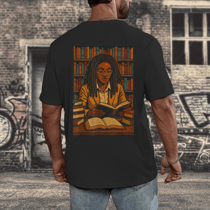 Melanin Girl Locs Book Lover Librarian Teacher Student Men's Back Print T-Shirt