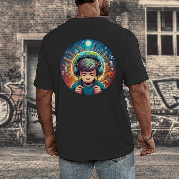 Music Enthusiast Under Starry Skies World Introvert Boy Men's Back Print T-Shirt