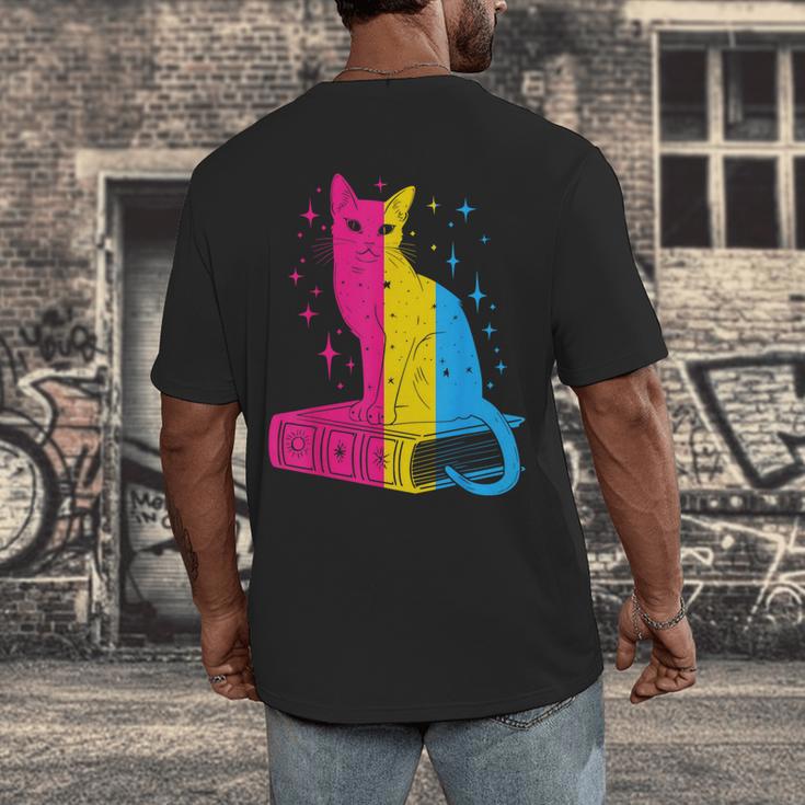 Pansexual Pride Celestial Cat Sitting Book LGBTQ Pan Colors Men Women Men's Back Print T-Shirt Pansexual Pride Celestial Cat Sitting Book LGBTQ Pan Colors Men Women Men's Back Print T-Shirt